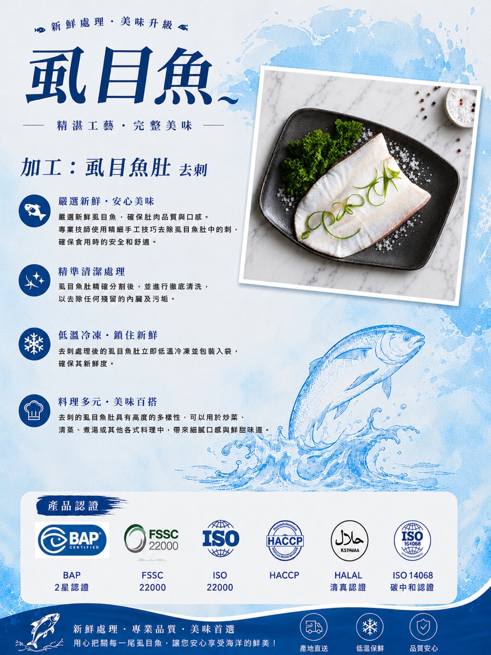 Taiwan milkfish certifications including BAP 2-star, FSSC 22000, ISO, HACCP, Halal, and ISO 14068